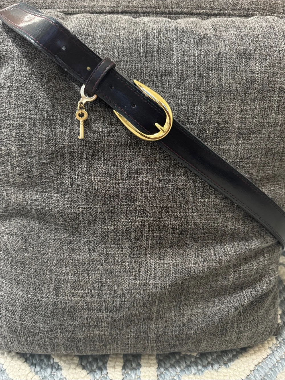 Vintage Roeckl Belt Gold Buckle Key Charm Black Burgundy blue